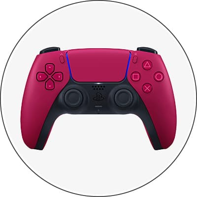 Roter PlayStation-Controller mit schwarzen Griffen und Tasten in einem weißen Kreis.