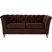 Braunes Sofa mit Knopfpolsterung und Holzbeinen, zwei Sitzkissen und hoher Rückenlehne, frontalansicht