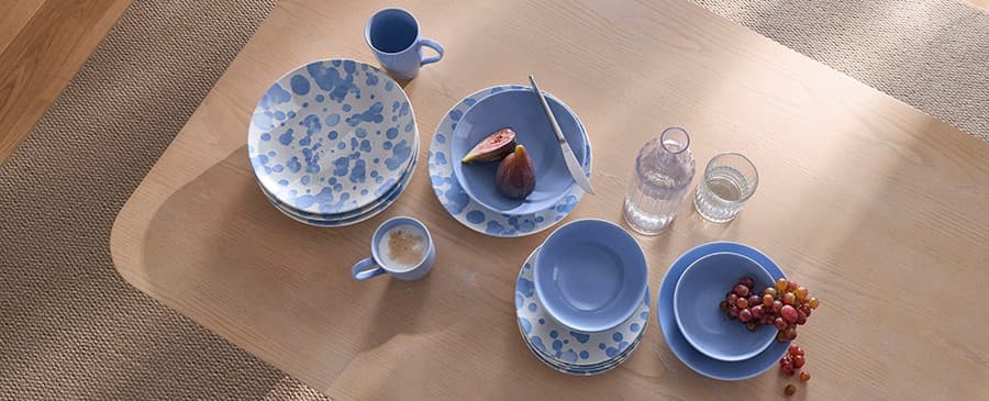 Blau-weiße Geschirrset mit Tellern, Schalen und Tassen auf einem Holztisch, daneben Glasflaschen, Wasserglas, Feigen und Trauben