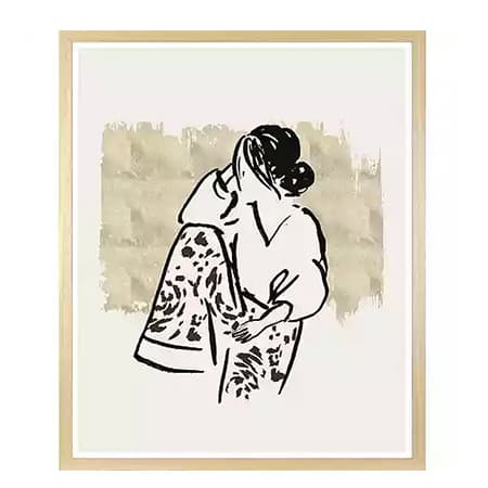 Schwarz-weiß Zeichnung einer Frau mit hochgestecktem Haar und gemustertem Kleid vor beigefarbenem abstraktem Hintergrund