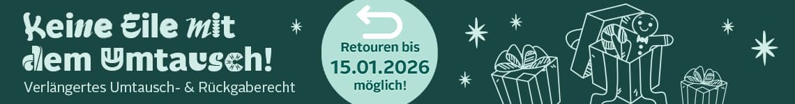 Keine Eile mit dem Umtausch! Retouren bis 15.01.2026 möglich. Verziertes Geschenk und Figur in Karton auf grünem Hintergrund