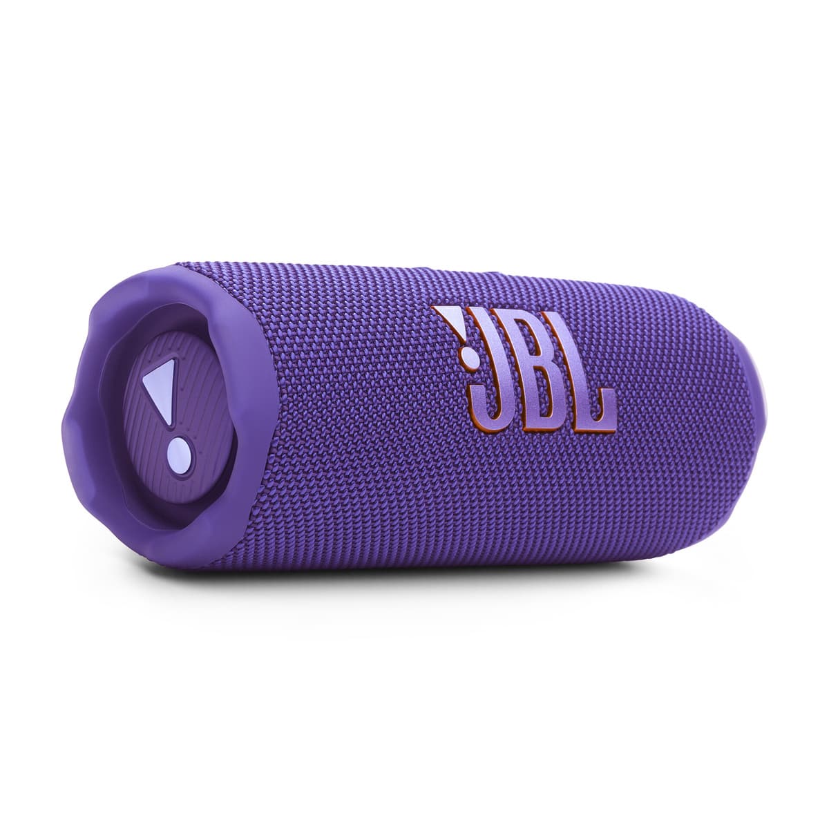 Lila JBL Bluetooth-Lautsprecher, zylindrisch mit strukturiertem Gewebe und JBL-Logo in Orange auf der Seite.