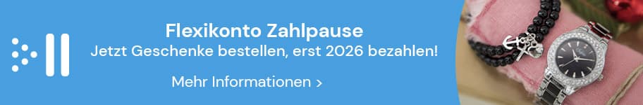 Flexikonto Zahlpause – Jetzt Geschenke bestellen, erst 2026 bezahlen! Armbanduhr und Schmuck auf rosa Unterlage.