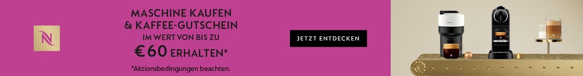 Maschine kaufen & Kaffee-Gutschein im Wert von bis zu €60 erhalten – Nespresso-Maschinen und Tassen auf goldenem Regal