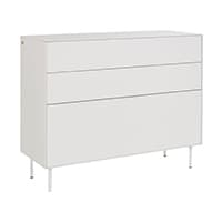 Weiße Kommode mit drei Schubladen, auf vier schmalen Beinen stehend