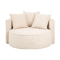 Runder beiger Sessel mit drei passenden Kissen in Streifenoptik