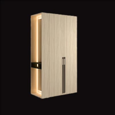 Schrank mit zwei Türen und beleuchteten Fächern, vertikale Griffe in der Mitte, dunkler Hintergrund