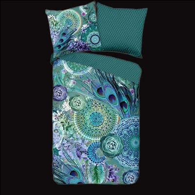 Grünes Bettwäsche-Set mit Pfauenfedern, Mandalas und Blumenmuster, bestehend aus Decke und zwei Kissen