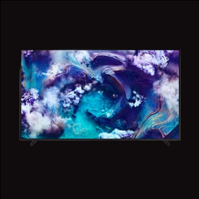 Flachbildfernseher zeigt ein farbenfrohes abstraktes Muster mit Blau-, Lila- und Weißtönen