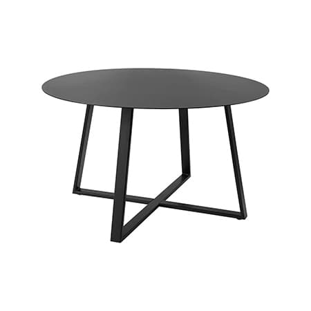 Runder Tisch mit schwarzer Tischplatte und schwarzen, überkreuzten Beinen