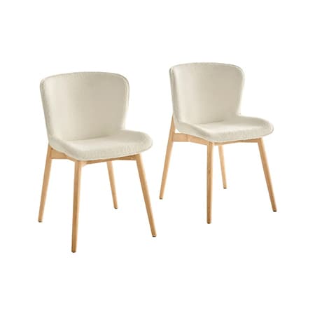 Zwei weiße Stühle mit gepolsterter Sitzfläche und Rückenlehne, Holzbeine, nebeneinander stehend