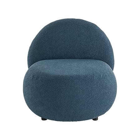Runder Sessel in tiefem Blau mit gepolsterter Rückenlehne und Sitzfläche, Ansicht von vorne