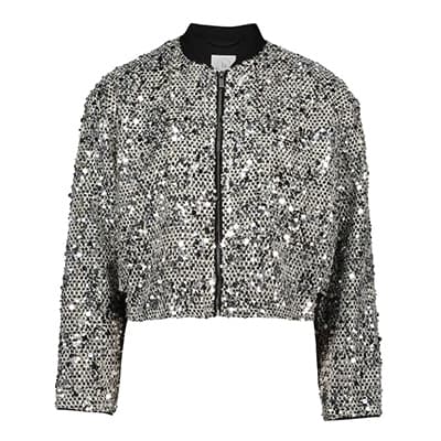 Silberne Paillettenjacke mit schwarzem Kragen und Reißverschluss, lange Ärmel, schimmerndes Design, frontale Ansicht