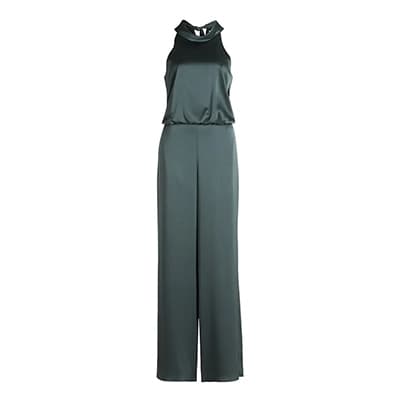 Dunkelgrüner ärmelloser Jumpsuit mit weitem Bein und hohem Kragen, Vorderansicht