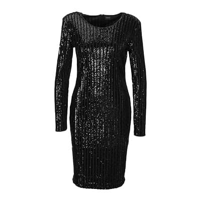 Schwarzes Paillettenkleid mit langen Ärmeln und Rundhalsausschnitt, Vorderansicht