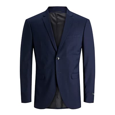 Dunkelblauer Anzugjacke mit zwei Knöpfen und drei Taschen, Vorderansicht