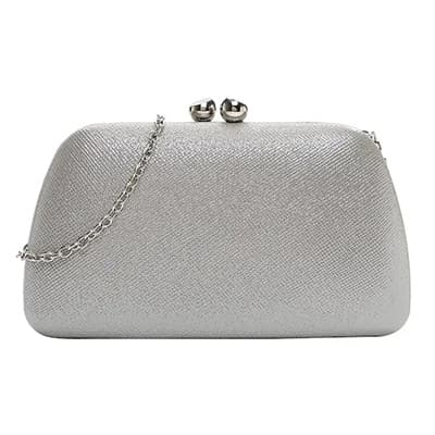 Silberne Handtasche mit Kettenträger und zwei kugelförmigen Verschlüssen oben