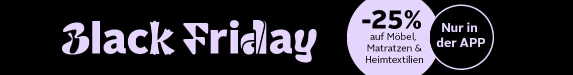 -25 % auf Möbel, Matratzen & Heimtextilien nur in der APP – Black Friday Banner in lila und schwarz