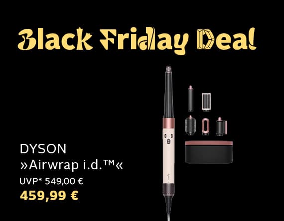 Black Friday Deal! Dyson Airwrap i.d. für 459,99 € statt 549,00 € – Haarstyler mit Zubehör auf schwarzem Hintergrund