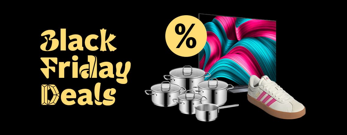 Black Friday Deals – Sportschuh, bunter Fernseher und Kochgeschirr vor schwarzem Hintergrund