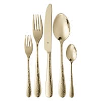 5-teiliges goldfarbenes Besteckset bestehend aus Messer, Gabel, Löffel, Dessertgabel und Teelöffel