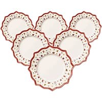 Sechs weiße Teller mit rotem und floralem Randmuster, symmetrisch angeordnet
