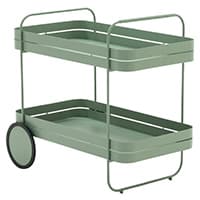 Zweistöckiger grüner Rollwagen mit zwei großen Rädern und Griffen