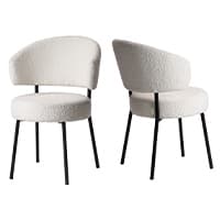 Zwei weiße Stühle mit schwarzen Beinen, einer frontal und einer seitlich gezeigt