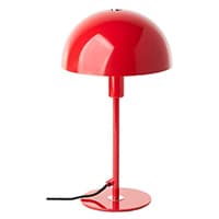 Rote Tischlampe mit kugelförmigem Schirm und rundem Fuß, schwarzes Kabel an der Basis