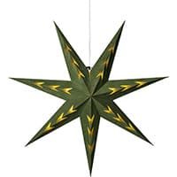 Dunkelgrüner achtzackiger Stern mit gelben Akzenten, aufgehängt an einem weißen Kabel