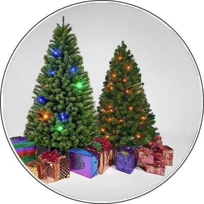 Zwei geschmückte Weihnachtsbäume mit bunten Lichtern, umgeben von vielen verpackten Geschenken