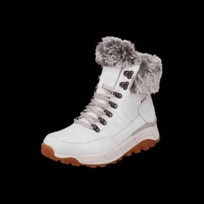 Weißer Winterstiefel mit grauem Kunstfellkragen und brauner Sohle, seitlich frontale Ansicht