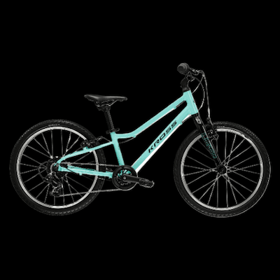 Hellblaues Fahrrad mit schwarzen Reifen und schwarzem Sattel, Seitenansicht auf schwarzem Hintergrund