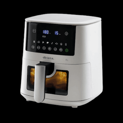 Weißer Airfryer mit digitalem Display zeigt 180 Grad und 15 Minuten – Fenster mit Pommes sichtbar