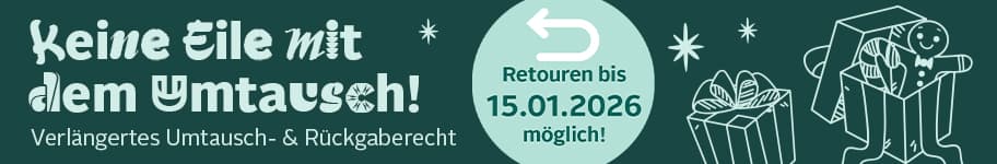 Keine Eile mit dem Umtausch! Retoure bis 15.01.2026 möglich – Geschenk und Figur in Karton auf grünem Hintergrund