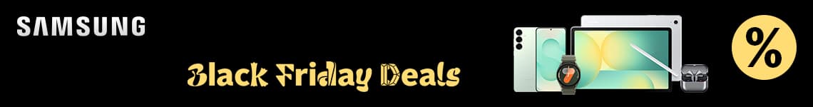 Black Friday Deals – Samsung Smartphones, Smartwatch, Tablet und kabellose Ohrhörer vor schwarzem Hintergrund