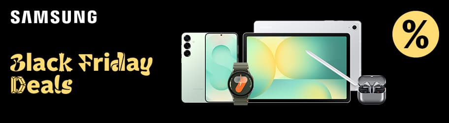 Black Friday Deals – Samsung-Smartphone, Smartwatch, Tablet mit Stylus und kabellose Ohrhörer vor schwarzem Hintergrund