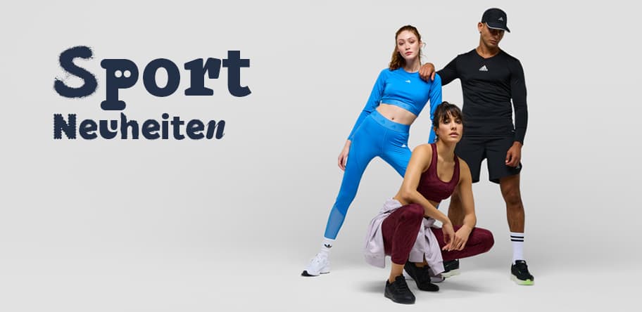 Sport Neuheiten – Drei Menschen in Sportbekleidung posieren vor grauem Hintergrund.