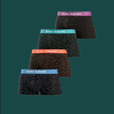 Vier Boxershorts mit bunten Bundfarben (pink, grün, orange, blau) und schwarzen Mustern, nebeneinander angeordnet