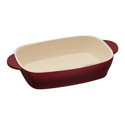 Rechteckige Backform mit roten Griffen und hellem Innenraum