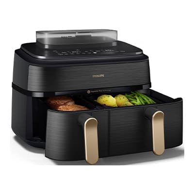 Philips Airfryer mit zwei Schubladen, gefüllt mit Brot, Kartoffeln und grünen Bohnen