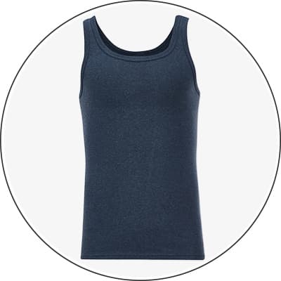 Dunkelblaues ärmelloses Oberteil mit Rundhalsausschnitt, Vorderansicht in kreisförmigem Rahmen