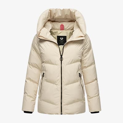 Beige Winterjacke mit Kapuze und Reißverschluss, zwei Taschen vorne.