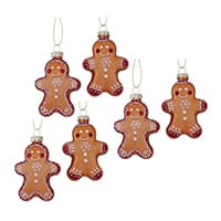 Sechs Lebkuchenmännchen-Anhänger, jeweils lächelnd, mit dekorativen Mustern und Schleifen, in verschiedenen Positionen gruppiert.