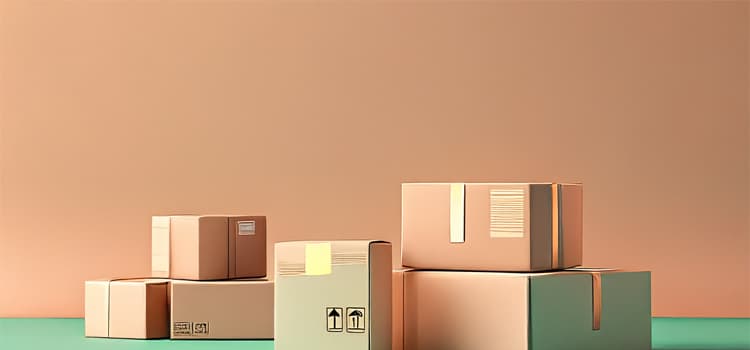 Sechs verschieden große Versandkartons, teils mit Etiketten und Symbolen, stehen auf grünem Boden vor orangefarbener Wand.