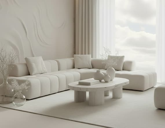 Helles Wohnzimmer mit großer weißer Couch, ovalem Holztisch und Dekorationen aus Glas und Keramik vor großen Fenstern.