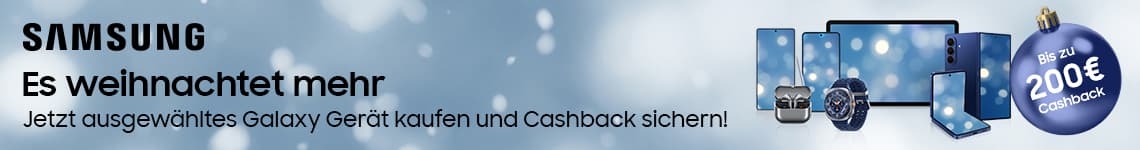 Bis zu 200€ Cashback – Samsung Weihnachtsaktion, verschiedene Galaxy Geräte vor blauem Hintergrund mit Schneeflocken