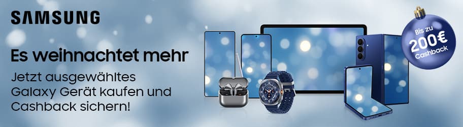 Bis zu 200€ Cashback – Samsung Weihnachtsaktion, verschiedene Galaxy Geräte und Zubehör vor winterlichem Hintergrund