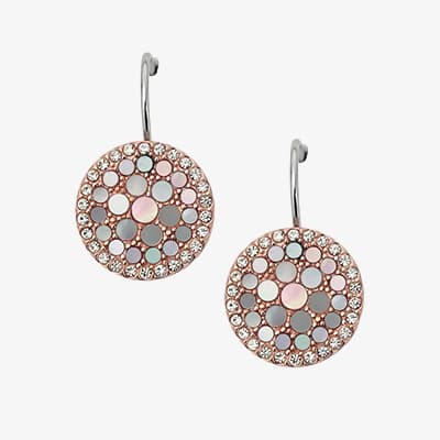 Runde Ohrringe mit bunten und glitzernden Steinen in einem kreisförmigen Muster.