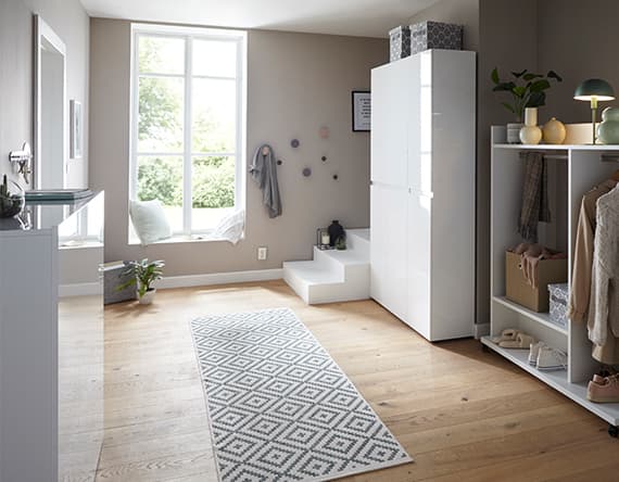 Helles Zimmer mit Fenster, Teppichläufer, weißem Schrank und offener Garderobe. Pflanze und Dekoration auf Regalen.